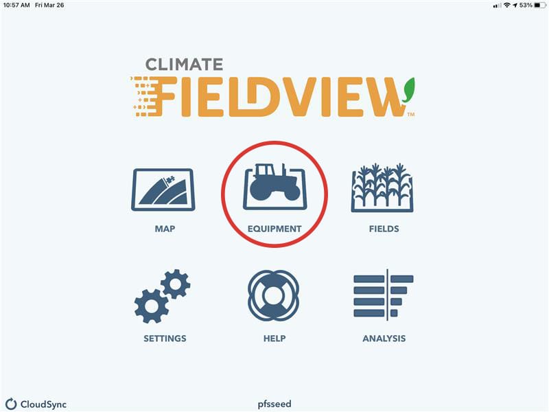 Climate FieldView app home screen - Equipment